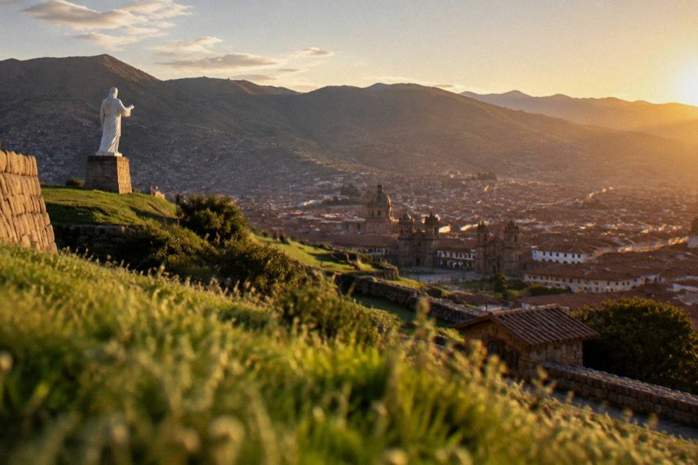 A white statue on a green hillside overlooking the city of Cusco at golden hour
