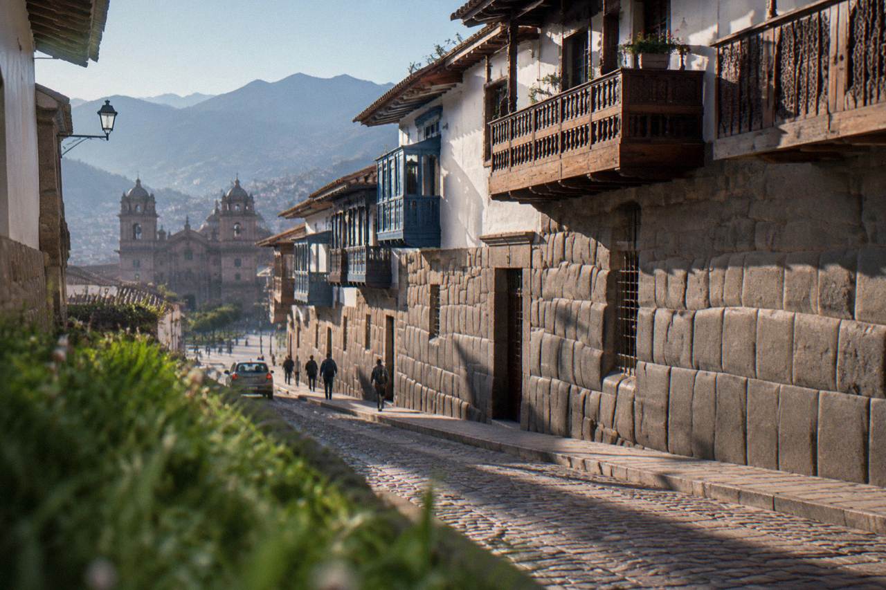 A narrow stone street in central Cusco with colonial balconies above an Inca wall