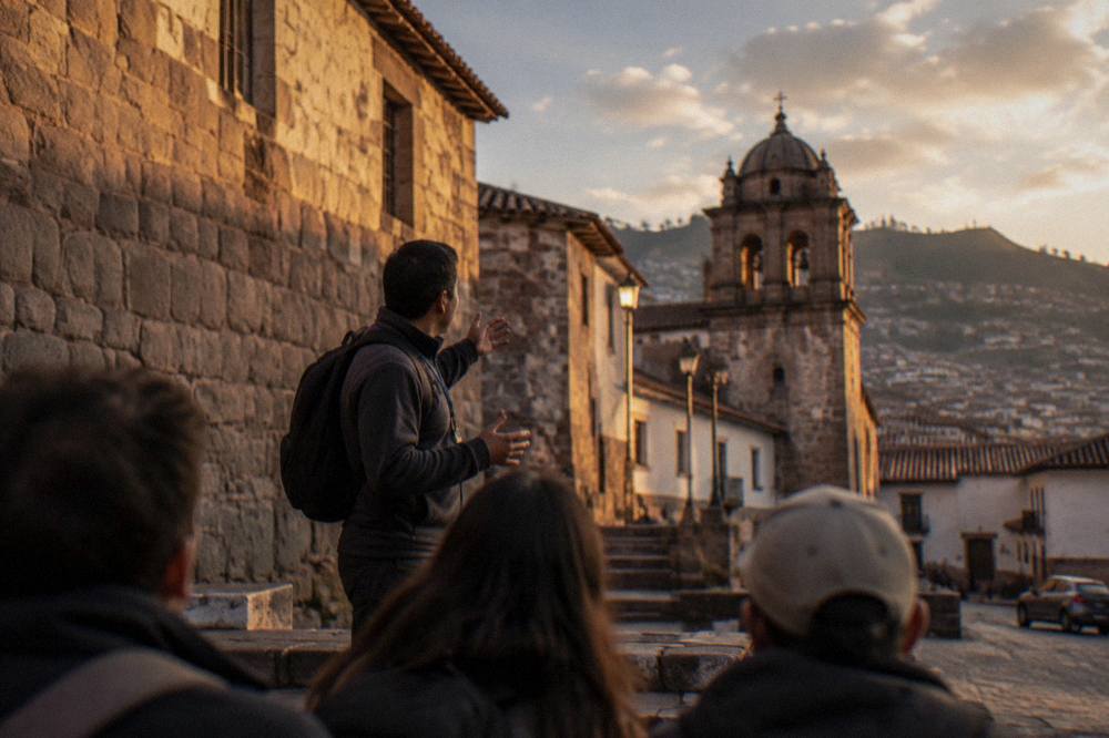 A guide speaking to a small group of visitors in a Cusco plaza
