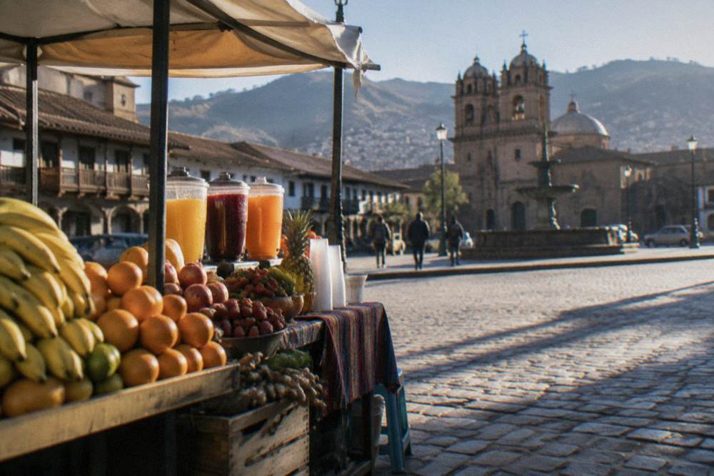 A market stall with fruit juices and local produce in Cusco