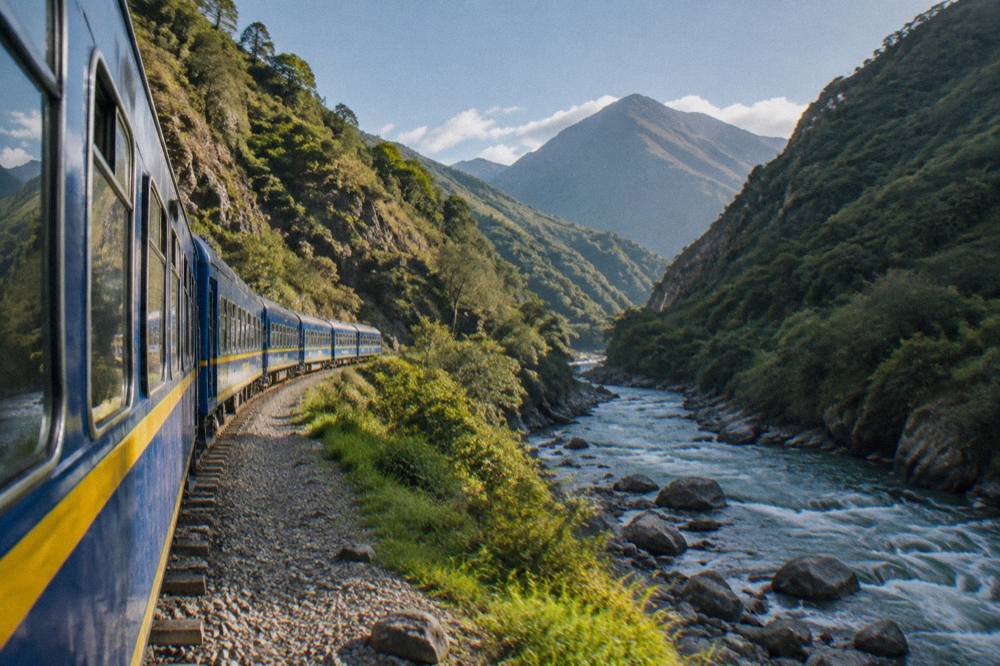 A blue and yellow passenger train on tracks beside a river gorge in green mountains