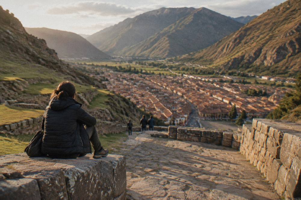 A visitor in a warm jacket resting on a stone terrace path above the red rooftops of Cusco