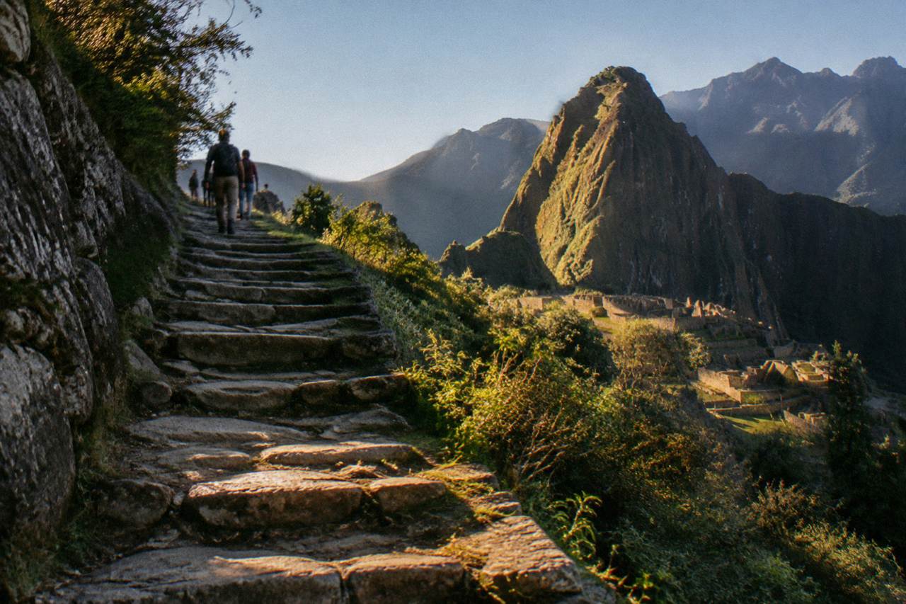 Stone steps of an ancient Andean trail winding across a green mountainside under a clear sky