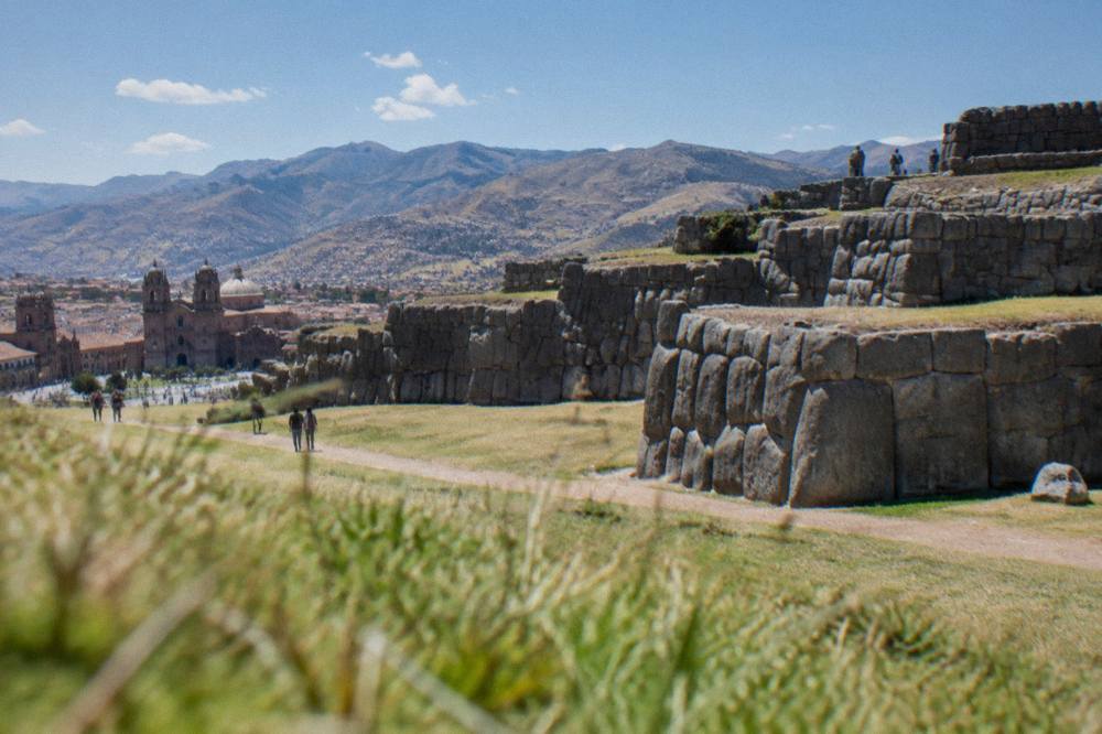 Grandstand style stone terracing at Sacsayhuaman in bright midday sun