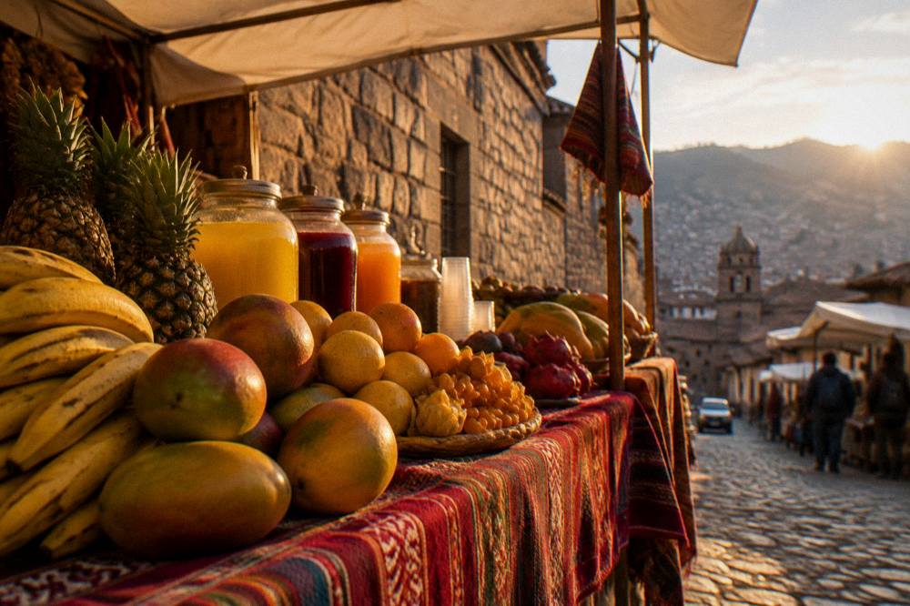 A market stall filled with tropical fruit, glass jars of juice and woven cloth under a canopy