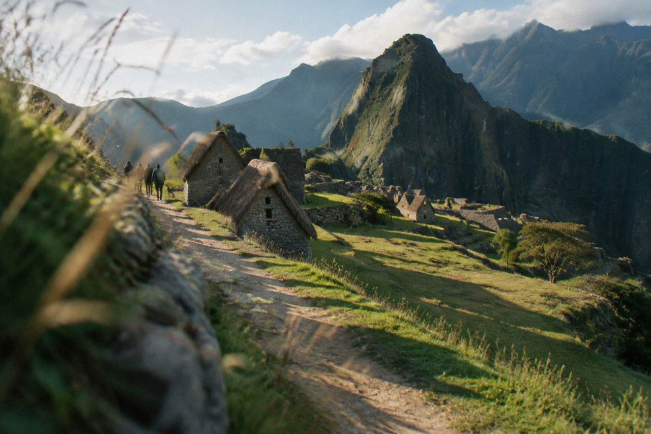 Stone houses and green highland pasture in the Peruvian Andes near Cusco