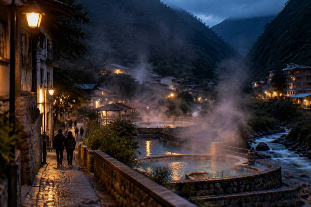 Steam rising from thermal baths surrounded by Andean slopes at dusk