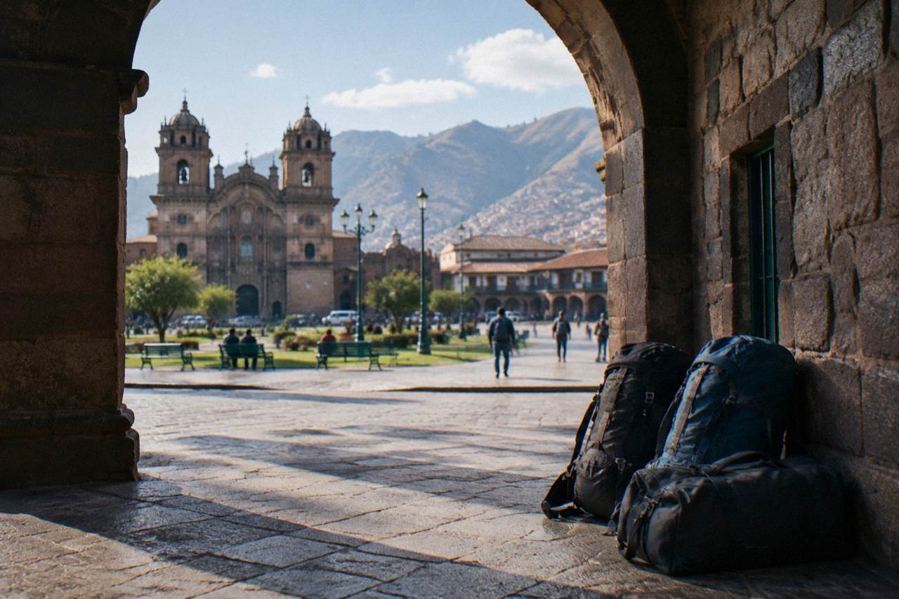 A row of backpacks and duffel bags parked against a stone wall in a Cusco courtyard