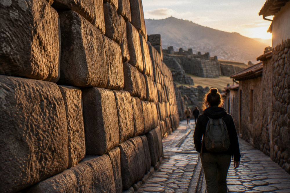 A traveller walking with a small daypack through a narrow Cusco street of stone walls