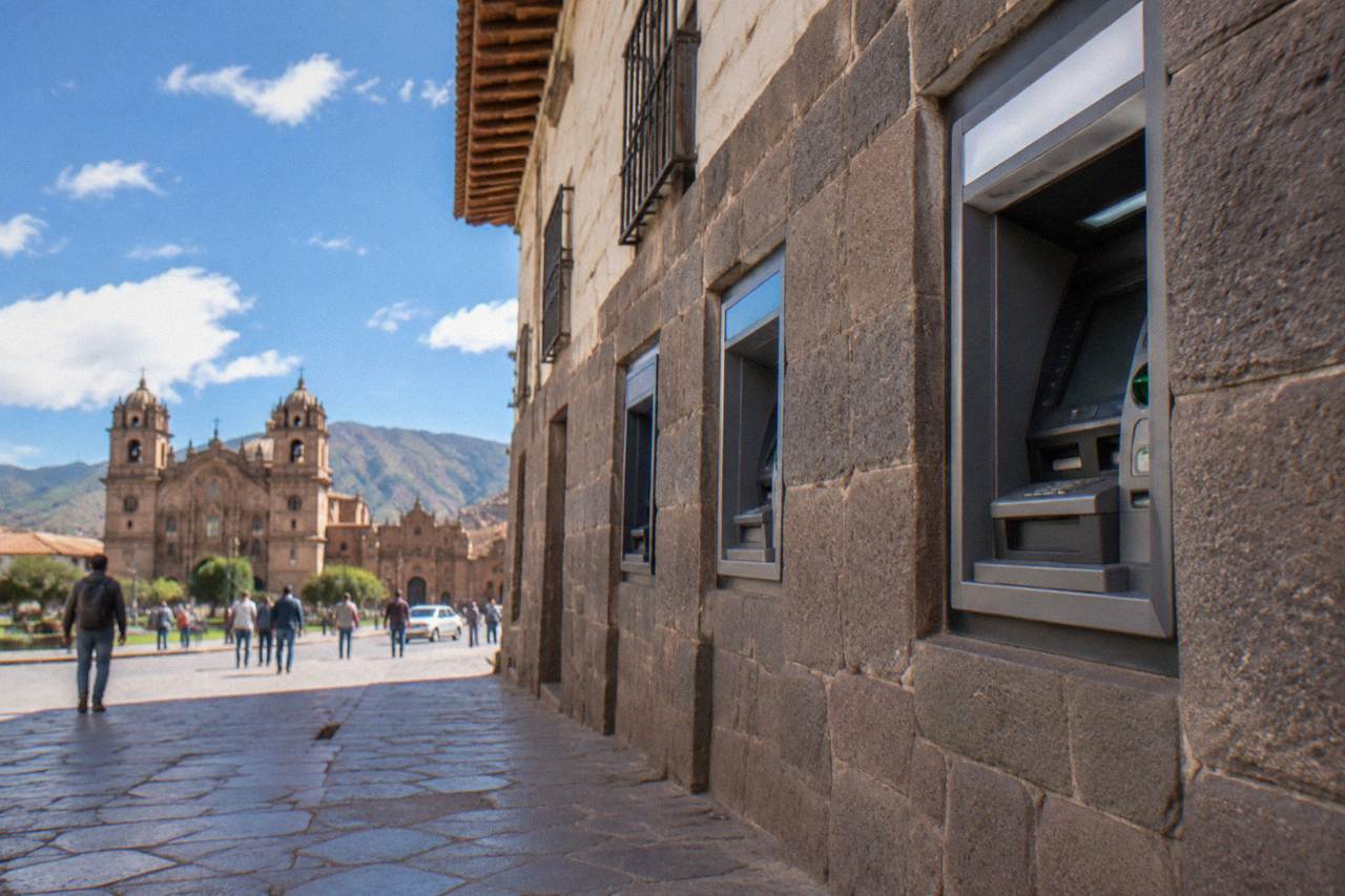 A row of bank ATMs set into a stone-walled street in the historic centre of Cusco