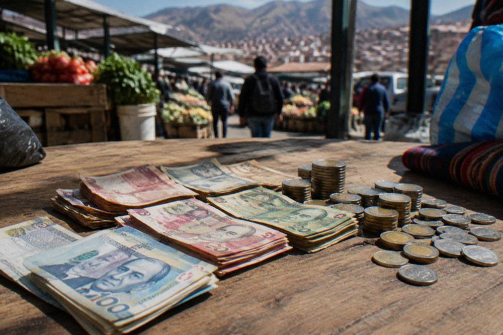 Peruvian sol banknotes and coins laid out on a wooden market table
