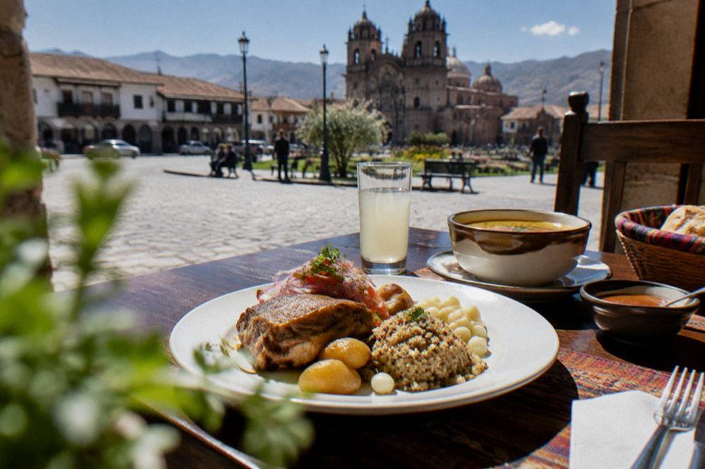 A set lunch of Andean dishes served on a table in a small Cusco restaurant