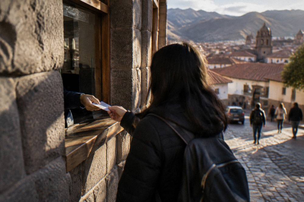 A ticket counter window in Cusco with a clerk handing a paper ticket to a visitor