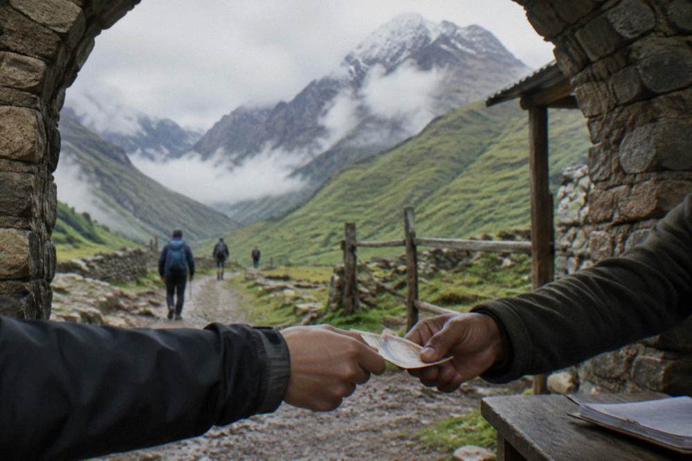 A traveller handing over paper currency at a rural trailhead