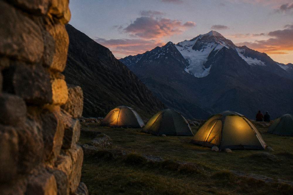 A row of dome tents on a grassy plateau below a glaciated peak at dusk