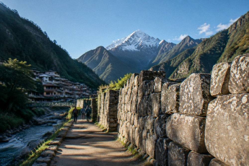 A stone Inca wall with a snow peak in the distance under a wide blue sky