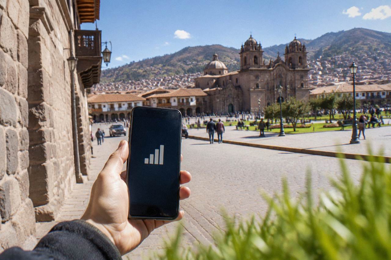 A traveller holding a smartphone showing a signal bar indicator while standing on a colonial street in Cusco