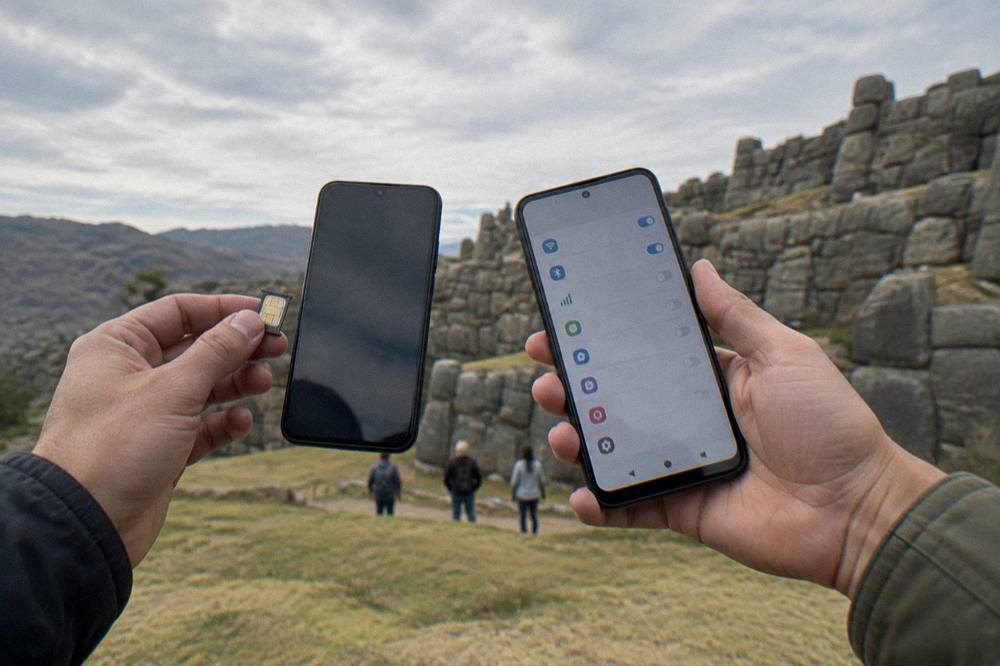 Two hands holding phones side by side, one with a small SIM tray and one showing a settings screen