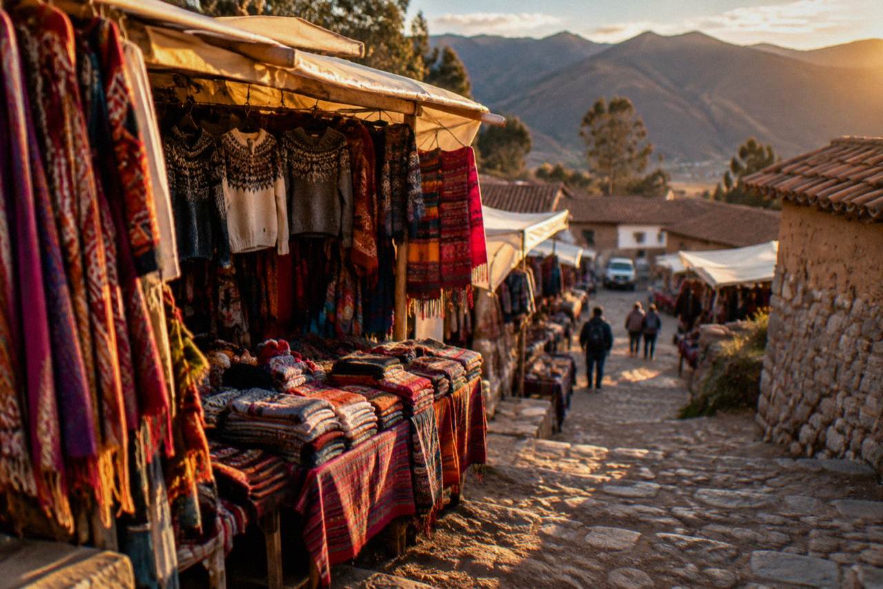 A colourful stall of woven textiles and jumpers in a Cusco market