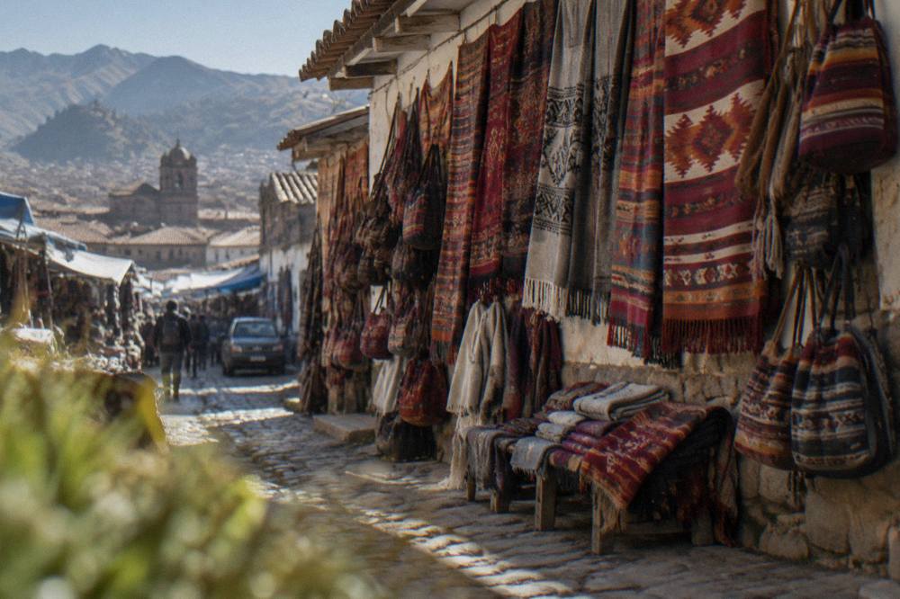 Handwoven blankets and bags displayed on a wall in a Cusco workshop