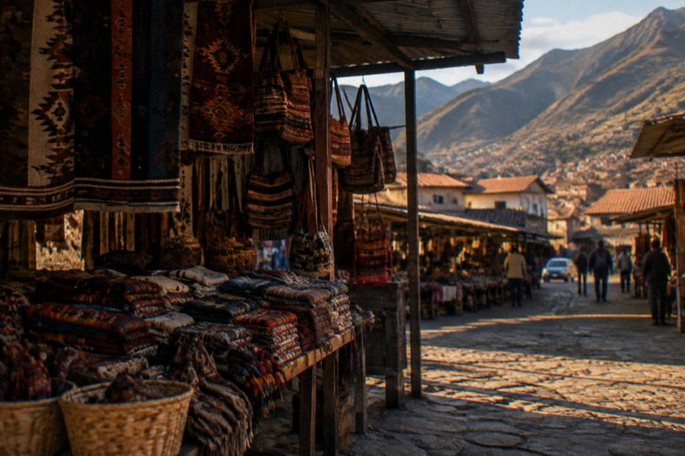 A craft stall with woven goods under a covered market roof in Cusco