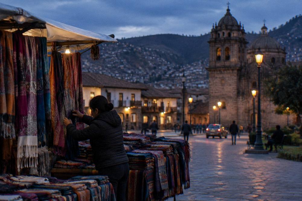A vendor arranging woven scarves at an outdoor stall in Cusco
