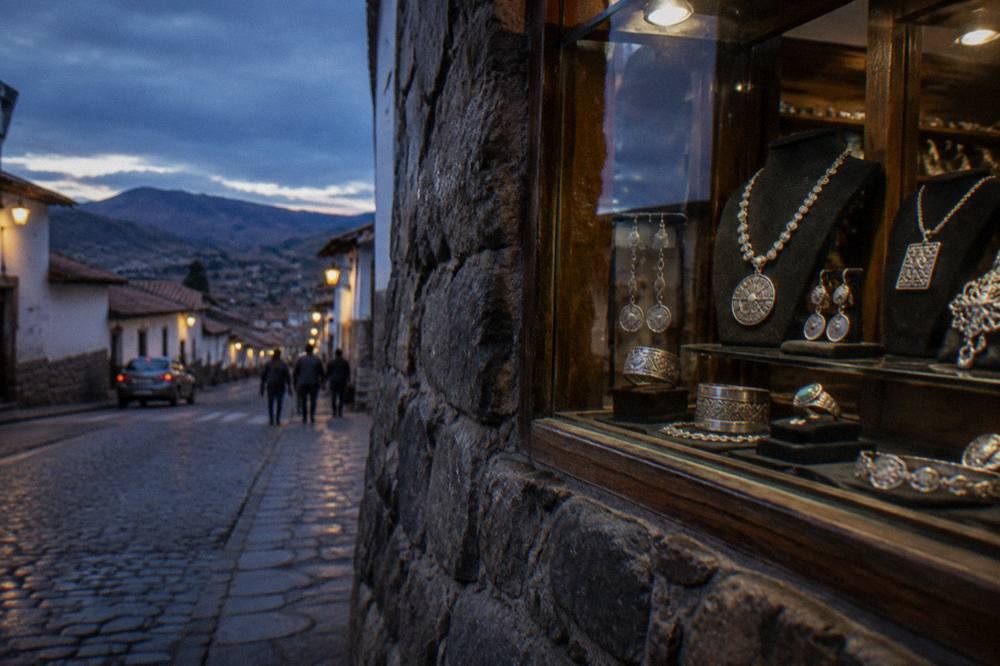 Silver jewellery displayed in a glass case in a Cusco shop