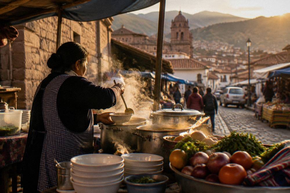 A busy market food counter with steaming pots and a vendor serving soup