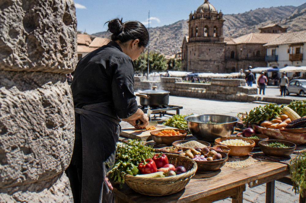 A cooking class table with fresh Andean ingredients and a cook preparing vegetables
