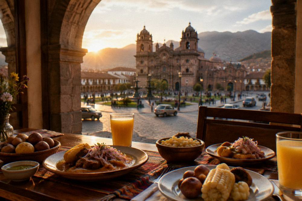 A table of Peruvian dishes with potatoes, corn and juice glasses in a bright dining room