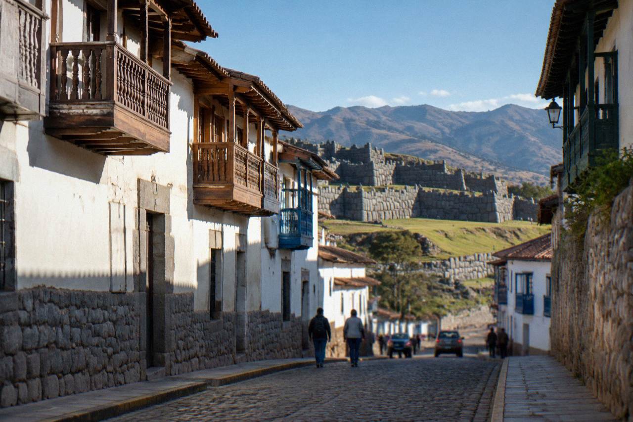 Cobbled street in Cusco with colonial balconies under a bright blue sky