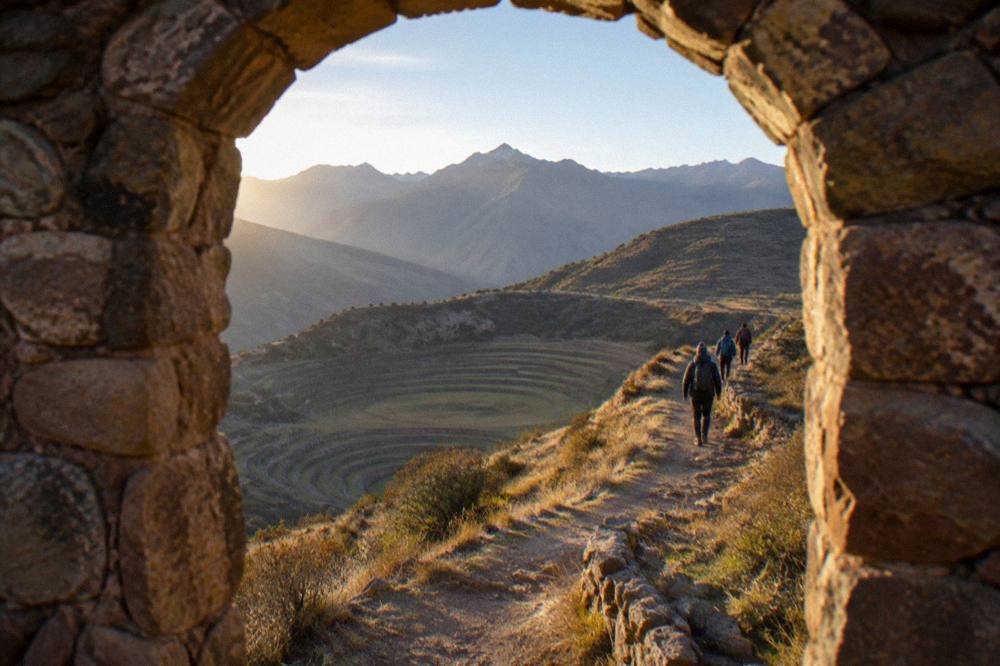Hikers in warm jackets on a high Andean ridge under morning light