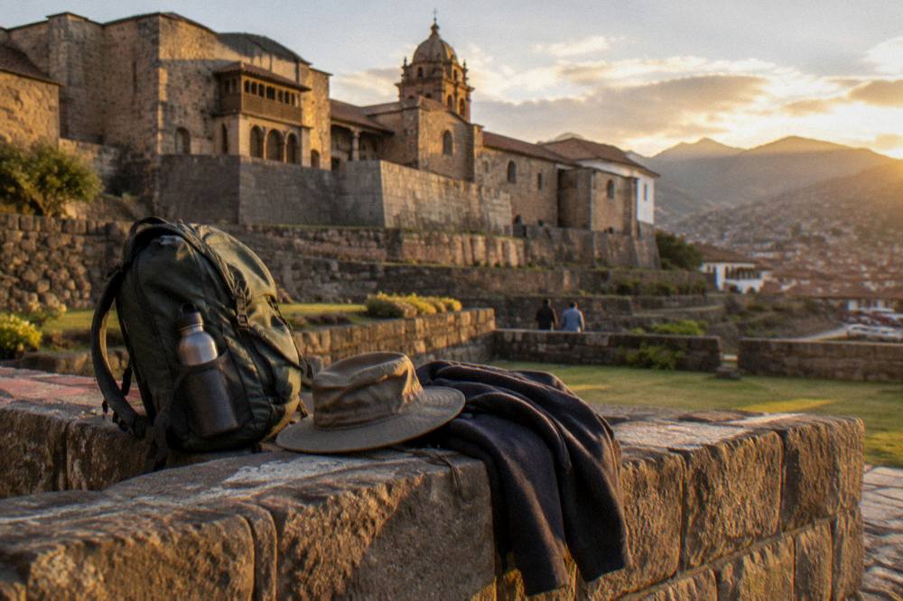 Day pack with water bottle, hat and jacket on a stone wall in Cusco