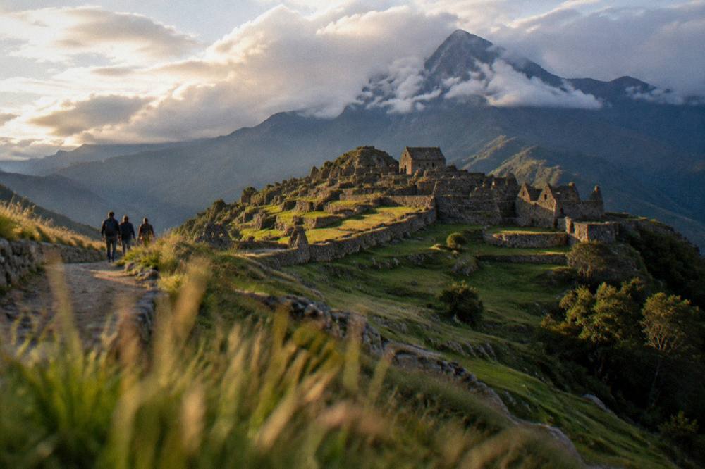 An ancient stone citadel on a green ridge with a mountain peak behind it in cloud