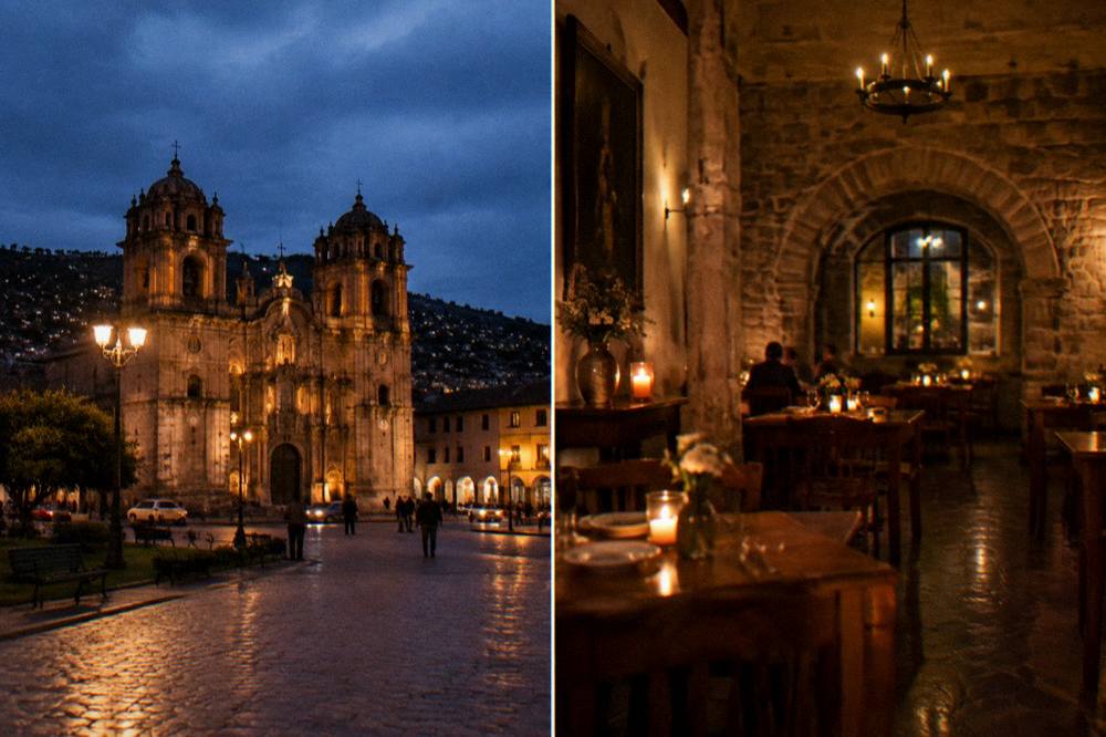 A candlelit dining room with wooden tables in a colonial stone building at night