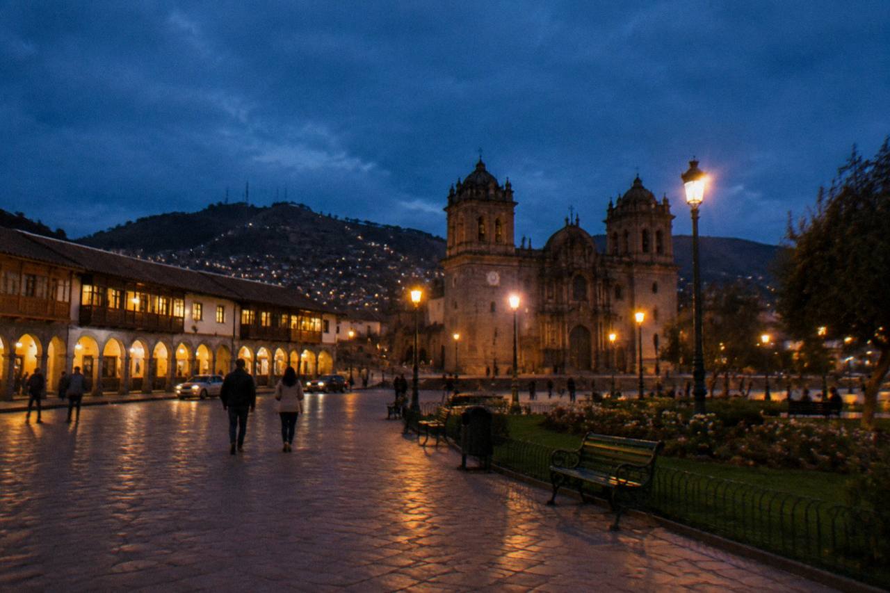 The Plaza de Armas of Cusco at dusk, the sky deep blue, lamps and arcade lights switching on, stone-paved square with a few people walking