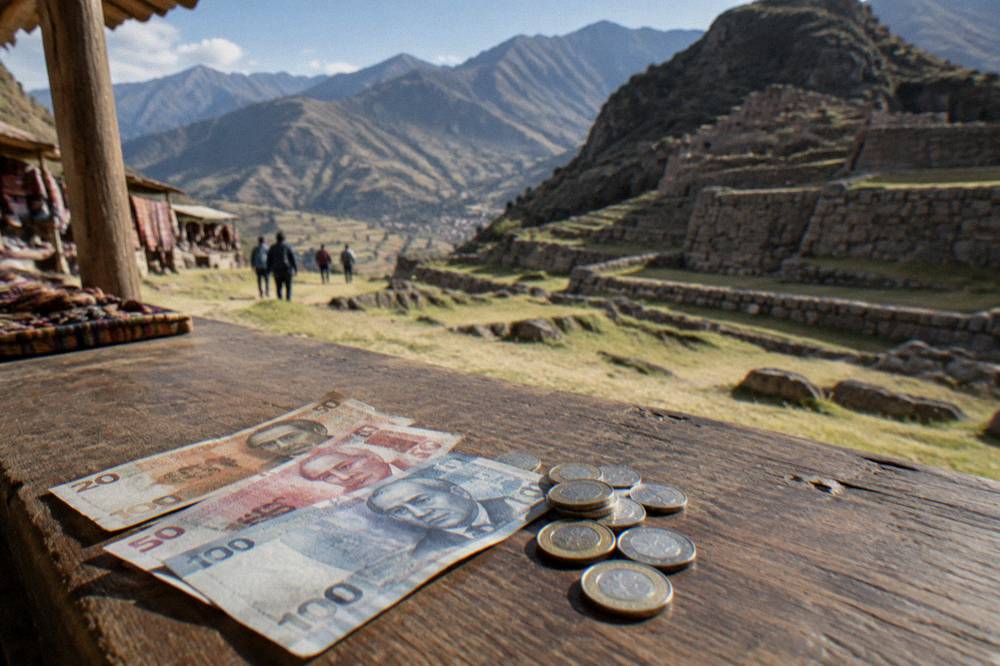 Peruvian sol banknotes and coins resting on a wooden market counter