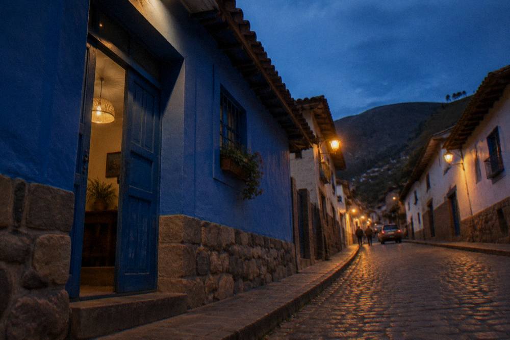 A blue guesthouse doorway on a cobbled Cusco street at dusk