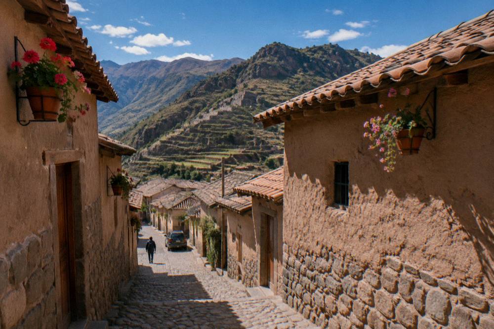 A narrow cobblestone street in San Blas with adobe walls and hanging flower pots