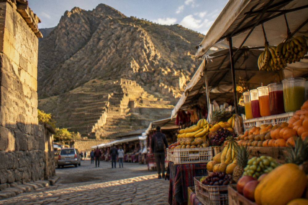Colourful fruit and juice stalls inside San Pedro Market in Cusco