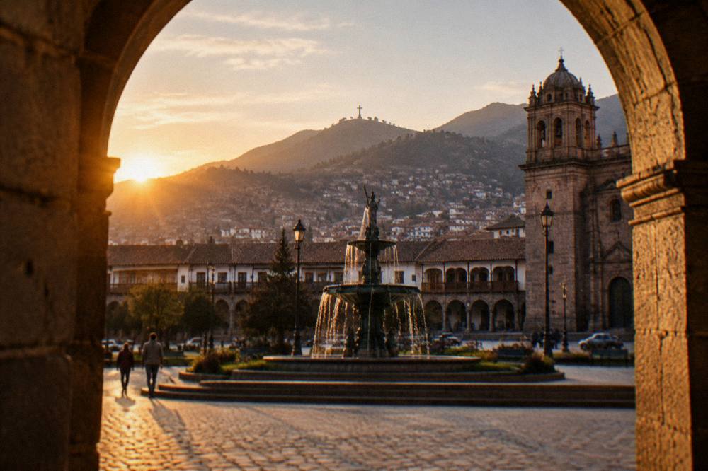 The fountain and arcades of the Plaza de Armas in late afternoon light