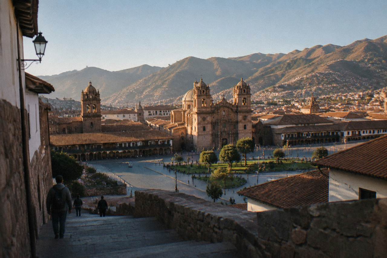 Terracotta rooftops of Cusco with Andean mountains behind under a clear sky