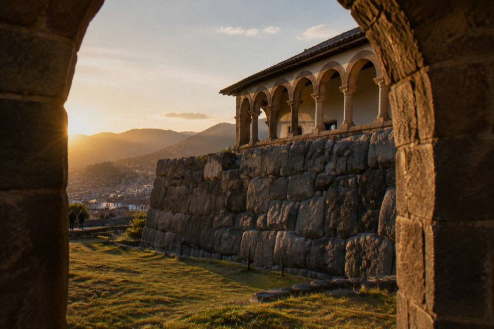 Inca stone wall foundation with a colonial arcade above it in central Cusco
